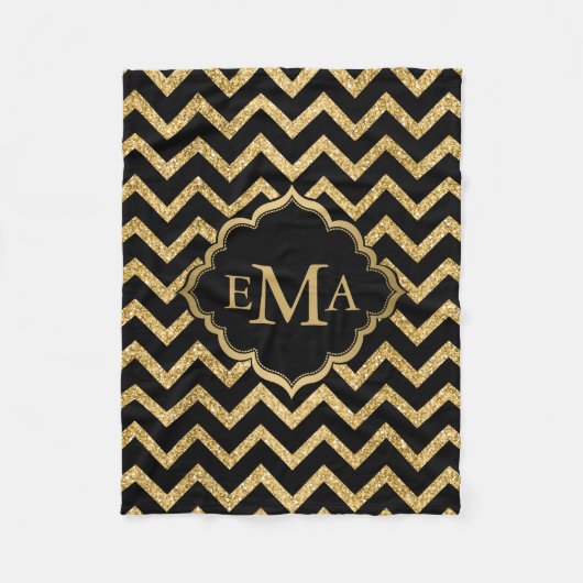 Gold Glitzer Black Zickzack Zigzag Muster Monogram Fleecedecke (Vorderseite)