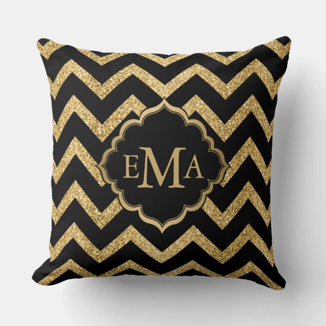 Gold Glitzer Black Zickzack Zigzag Muster Monogram Kissen (Vorderseite)