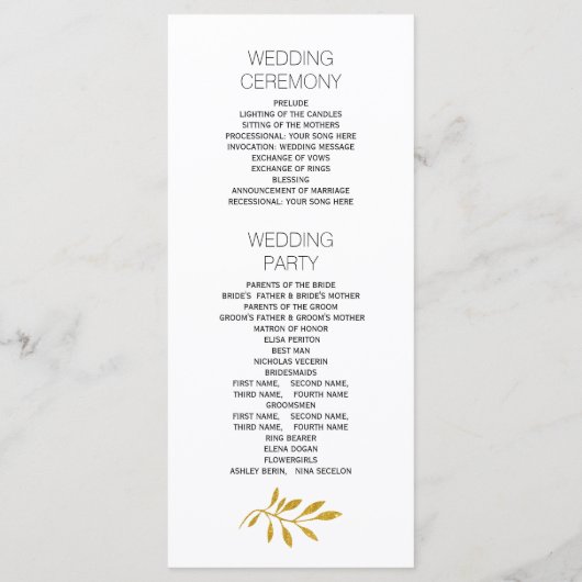 Gold Glitzer Blätter Muster Hochzeitsprogramm Programm (Rückseite)