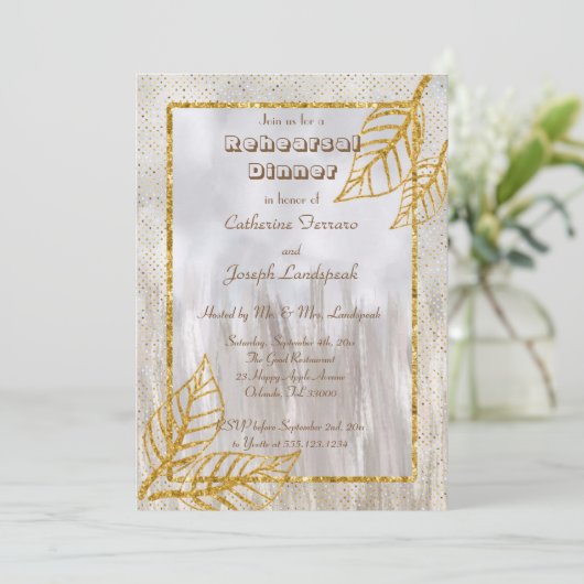 Gold & Glitzer Blätter Probe Dinner Einladung (Stehend Vorderseite)
