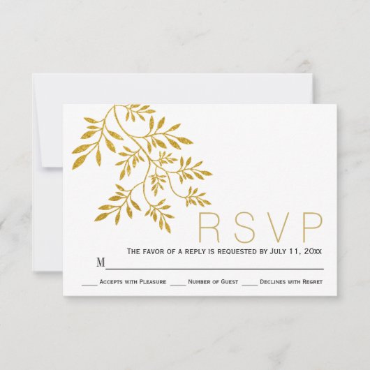 Gold Glitzer Blätter Zweig moderne Hochzeit RSVP Karte (Vorderseite)