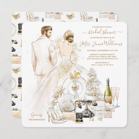 Gold Glitzer Blonde Bride Brautparty Einladung (Vorne/Hinten)