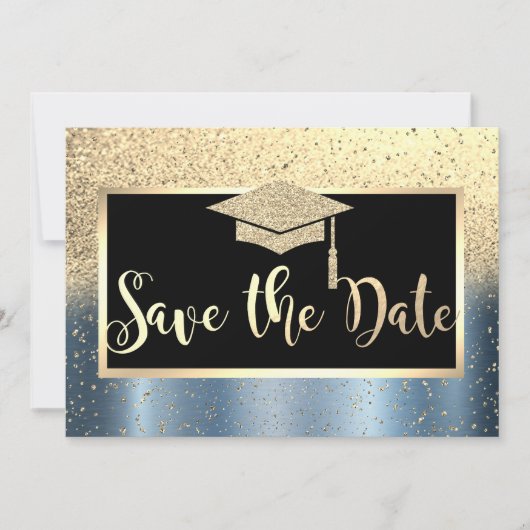 Gold Glitzer Blue Abschluss Save the Date (Vorderseite)