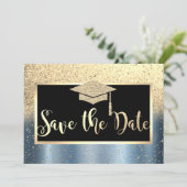 Gold Glitzer Blue Abschluss Save the Date (Stehend Vorderseite)