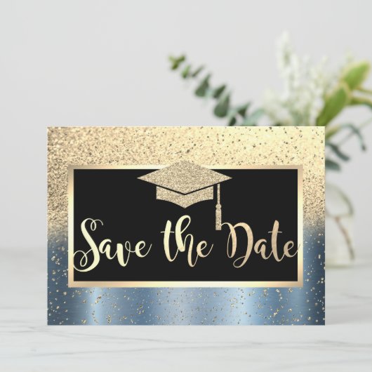 Gold Glitzer Blue Abschluss Save the Date (Stehend Vorderseite)