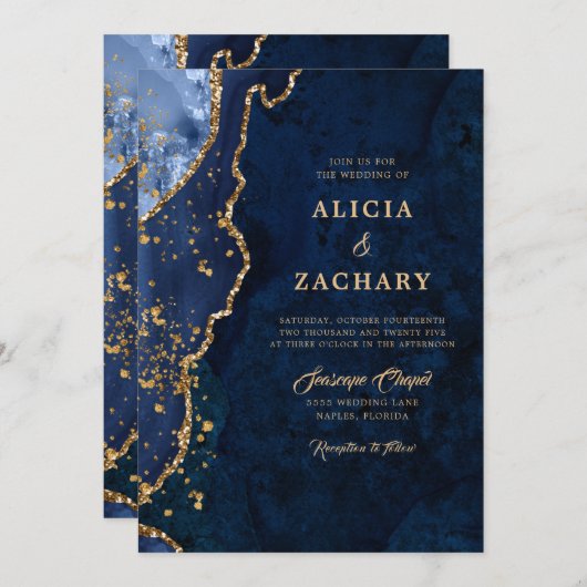 Gold Glitzer Blue Agate Wedding Einladung (Vorne/Hinten)