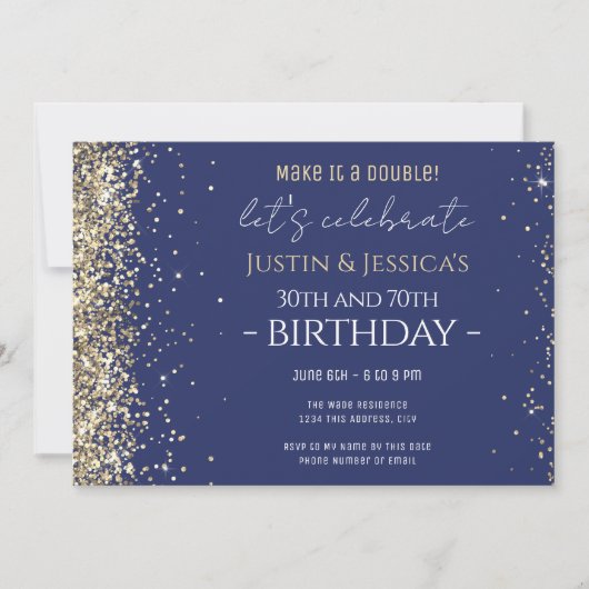Gold Glitzer Blue Double Birthday Party Einladung (Vorderseite)