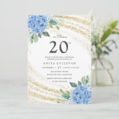 Gold Glitzer Blue Floral 20. Geburtstag Einladung (Stehend Vorderseite)