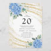 Gold Glitzer Blue Floral 20. Geburtstag Einladung (Vorne/Hinten)