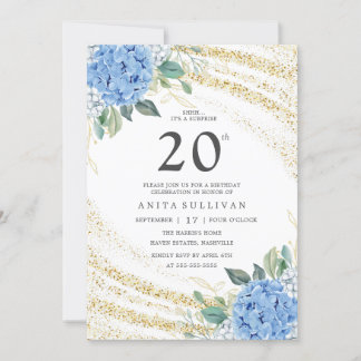 Gold Glitzer Blue Floral 20. Geburtstag Einladung
