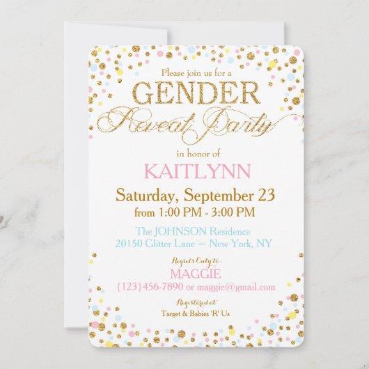 Gold Glitzer Blue Pink Yellow Sprinkle Baby Dusche Einladung (Vorderseite)