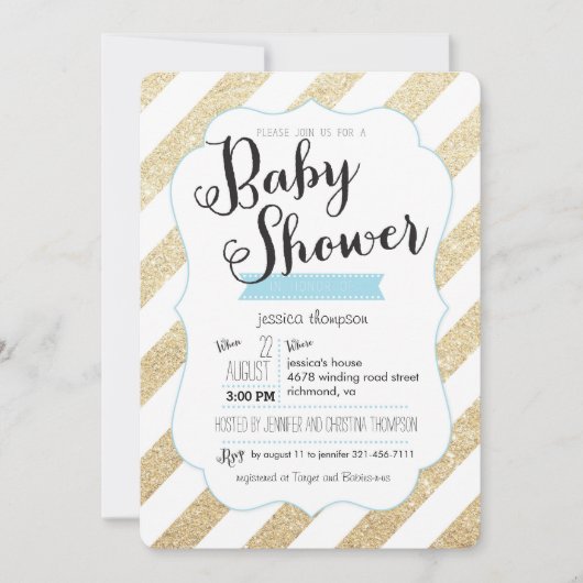 Gold Glitzer & Blue Stripes Babydusche Einladung (Vorderseite)
