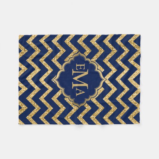 Gold Glitzer Blue Zickzack Zigzag Muster Monogram Fleecedecke (Vorderseite (Horizontal))