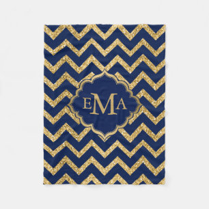 Gold Glitzer Blue Zickzack Zigzag Muster Monogram Fleecedecke