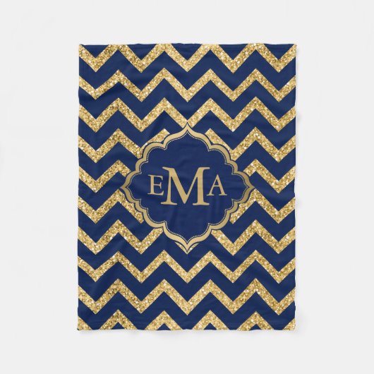Gold Glitzer Blue Zickzack Zigzag Muster Monogram Fleecedecke (Vorderseite)