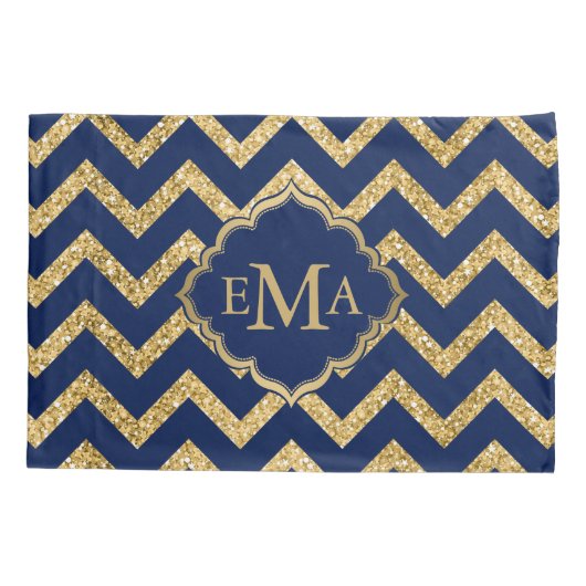 Gold Glitzer Blue Zickzack Zigzag Muster Monogram Kissenbezug (Rückseite)