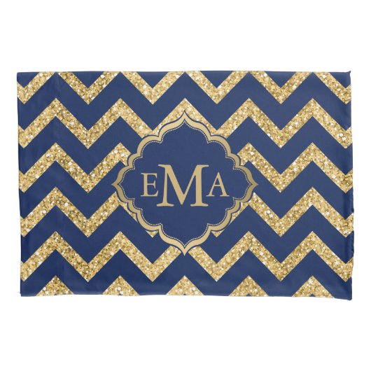 Gold Glitzer Blue Zickzack Zigzag Muster Monogram Kissenbezug (Vorderseite)