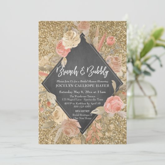 Gold Glitzer Blume Chalkboard Brunch & Bubbly Einladung (Stehend Vorderseite)
