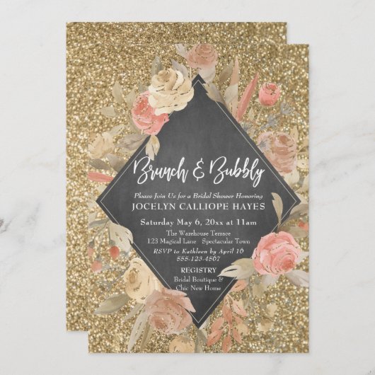 Gold Glitzer Blume Chalkboard Brunch & Bubbly Einladung (Vorne/Hinten)