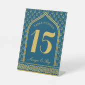 Gold Glitzer Blume Hochzeit Tischnummer und Name Sockelschild (Vorderseite)