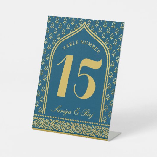 Gold Glitzer Blume Hochzeit Tischnummer und Name Sockelschild (Vorderseite)