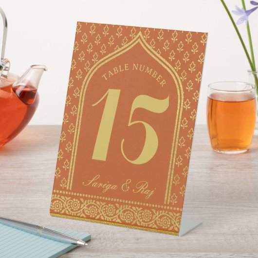 Gold Glitzer Blume Hochzeit Tischnummer und Name Sockelschild (In Situ)