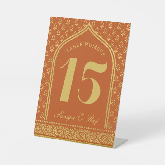 Gold Glitzer Blume Hochzeit Tischnummer und Name Sockelschild (Vorderseite)