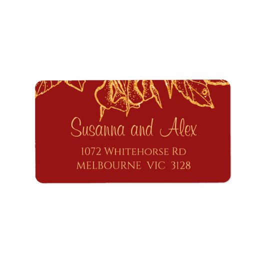 Gold Glitzer Blume in Dunkelrot Adressaufkleber (Vorne)