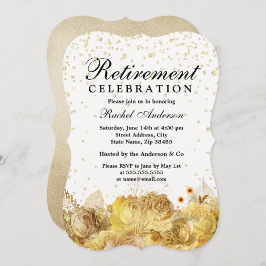 Gold Glitzer Blume Rente Party Celebration Einladung (Vorne/Hinten)