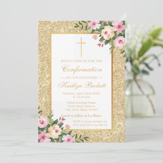 Gold Glitzer Blumenbestätigung oder 1. Kommunion Einladung (Stehend Vorderseite)