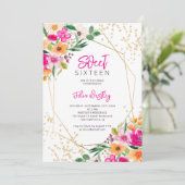 Gold Glitzer Blumenbild Foto Sweet 16 Einladung (Stehend Vorderseite)