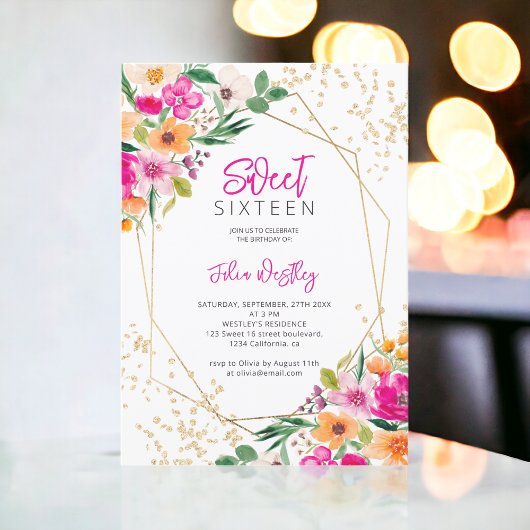 Gold Glitzer Blumenbild Foto Sweet 16 Einladung