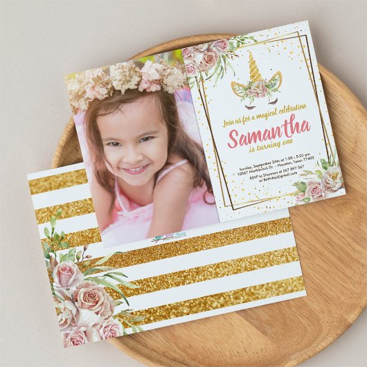 Gold Glitzer | Blumenhorn Horn Birthday Foto Einladung