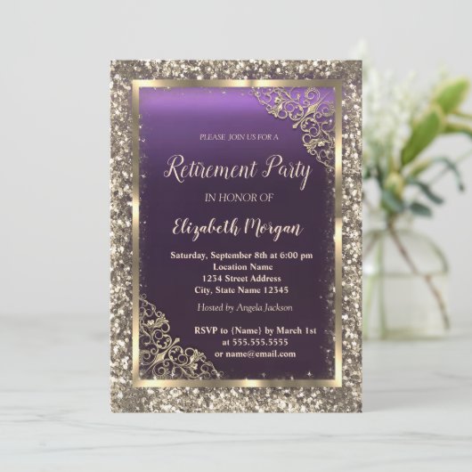 Gold Glitzer Blumenrahmen Lila Bezahlung Einladung (Stehend Vorderseite)