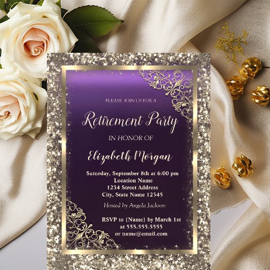 Gold Glitzer Blumenrahmen Lila Bezahlung Einladung