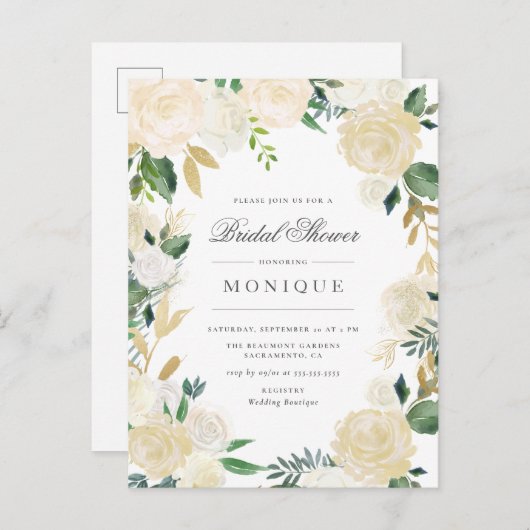 Gold Glitzer & Blush Elfenbeinblume Brautparty Einladungspostkarte (Vorne/Hinten)