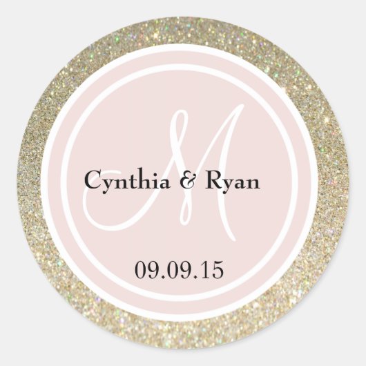 Gold Glitzer & Blush Pink Wedding Monogram Runder Aufkleber (Vorderseite)