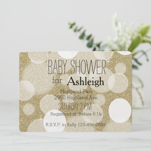 Gold Glitzer Bokeh Babydusche Einladung (Stehend Vorderseite)