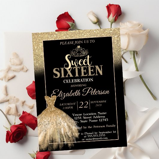 Gold Glitzer Bokeh Ombre, Tiara, Dress Sweet 16 Einladung