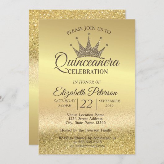 Gold Glitzer Bokeh Ombre, Tiara, Quinceañera Party Einladung (Vorne/Hinten)