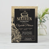 Gold Glitzer Bokeh Ombre, Tiara, Sweet 16 Party Einladung (Stehend Vorderseite)