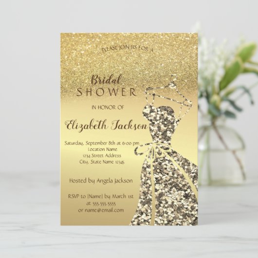 Gold Glitzer Bokeh, Sequins Dress Brautparty Einladung (Stehend Vorderseite)