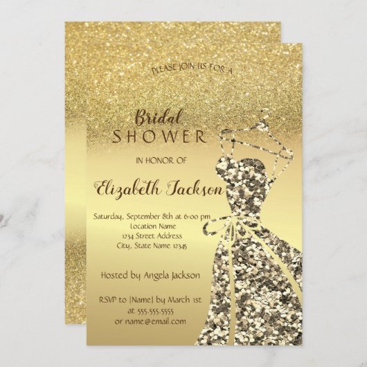 Gold Glitzer Bokeh, Sequins Dress Brautparty Einladung (Vorne/Hinten)