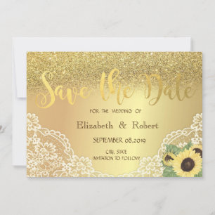 Gold Glitzer Bokeh, Spitze, Sonnenblume Save the D Date