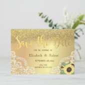Gold Glitzer Bokeh, Spitze, Sonnenblume Save the D Save The Date (Stehend Vorderseite)