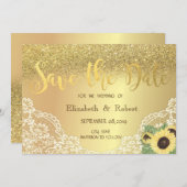 Gold Glitzer Bokeh, Spitze, Sonnenblume Save the D Save The Date (Vorne/Hinten)