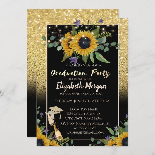 Gold Glitzer Bokeh, Wein, Glas, Sonnenblumen Einladung (Vorne/Hinten)