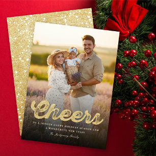 Gold Glitzer Bold Cheers Stilvolles New Year Foto Feiertagskarte