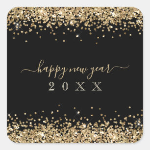 Gold Glitzer Borders Happy New Year Script Black Quadratischer Aufkleber