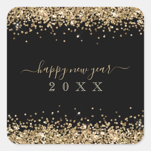 Gold Glitzer Borders Happy New Year Script Black Quadratischer Aufkleber (Vorderseite)